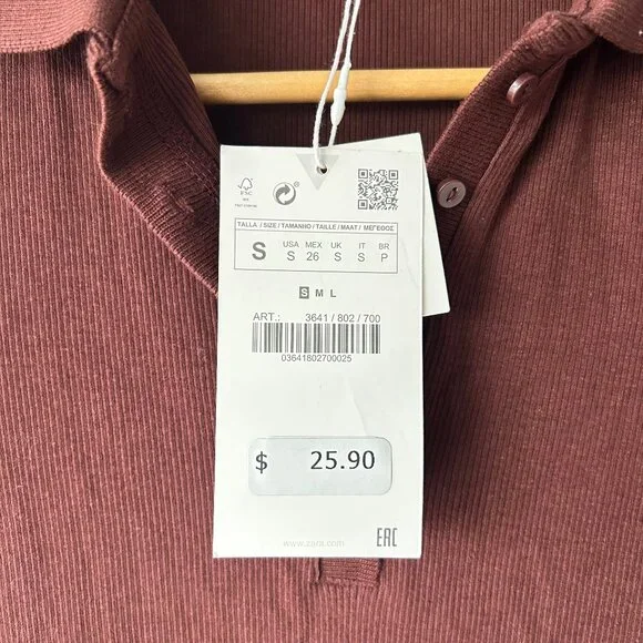 Zara Ribbed Polo Midi Dress Burgundy Brown Size S NWT - Picture 4 of 7